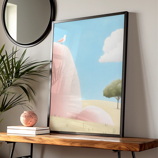 Nursery Wall Art Bird on Rock, Pastel Landscape Poster, Baby Room Decor Print