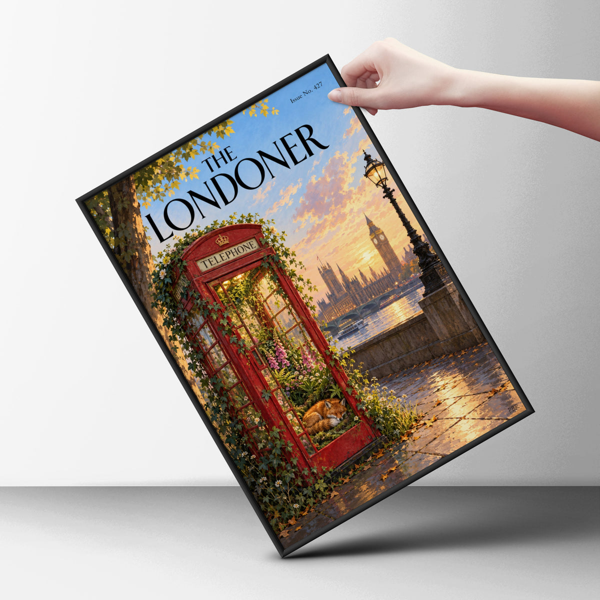 London Telephone Box Poster, Sleeping Fox Wall Art Print, Big Ben Sunset Thames Illustration
