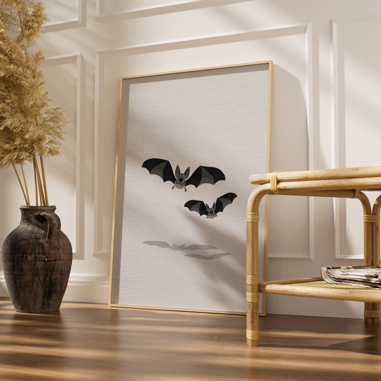 Halloween Bat Wall Art, Spooky Bats Poster, Black Grey Minimalist Halloween Print
