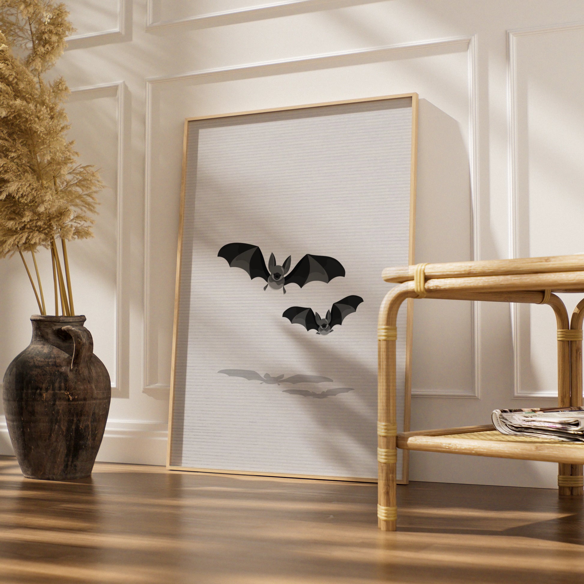 Halloween Bat Wall Art, Spooky Bats Poster, Black Grey Minimalist Halloween Print