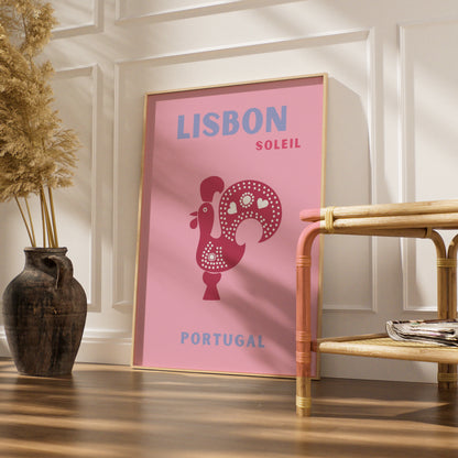 Lisbon Portugal Travel Poster, Retro Wall Art, Pink Rooster Print, Iberian Decor