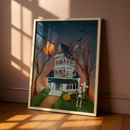 Haunted House Halloween Poster, Spooky Wall Art, Skeleton Pumpkin Bat Print, Gothic Home Decor