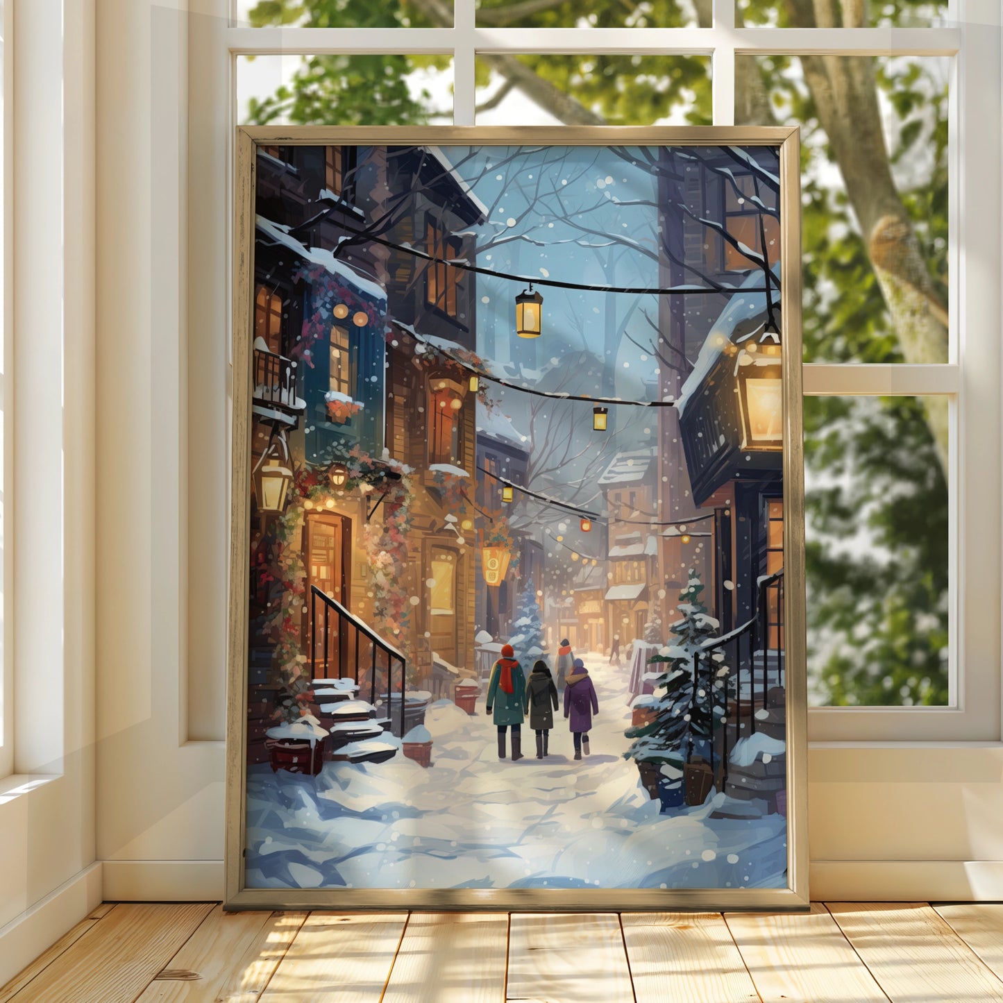 Christmas Village Street Poster, Snowy Winter Scene Wall Art, Festive Holiday Print