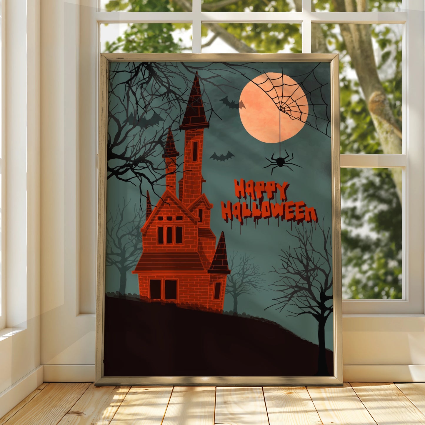 Happy Halloween Haunted House Poster, Spooky Castle Wall Art, Bats Full Moon Print