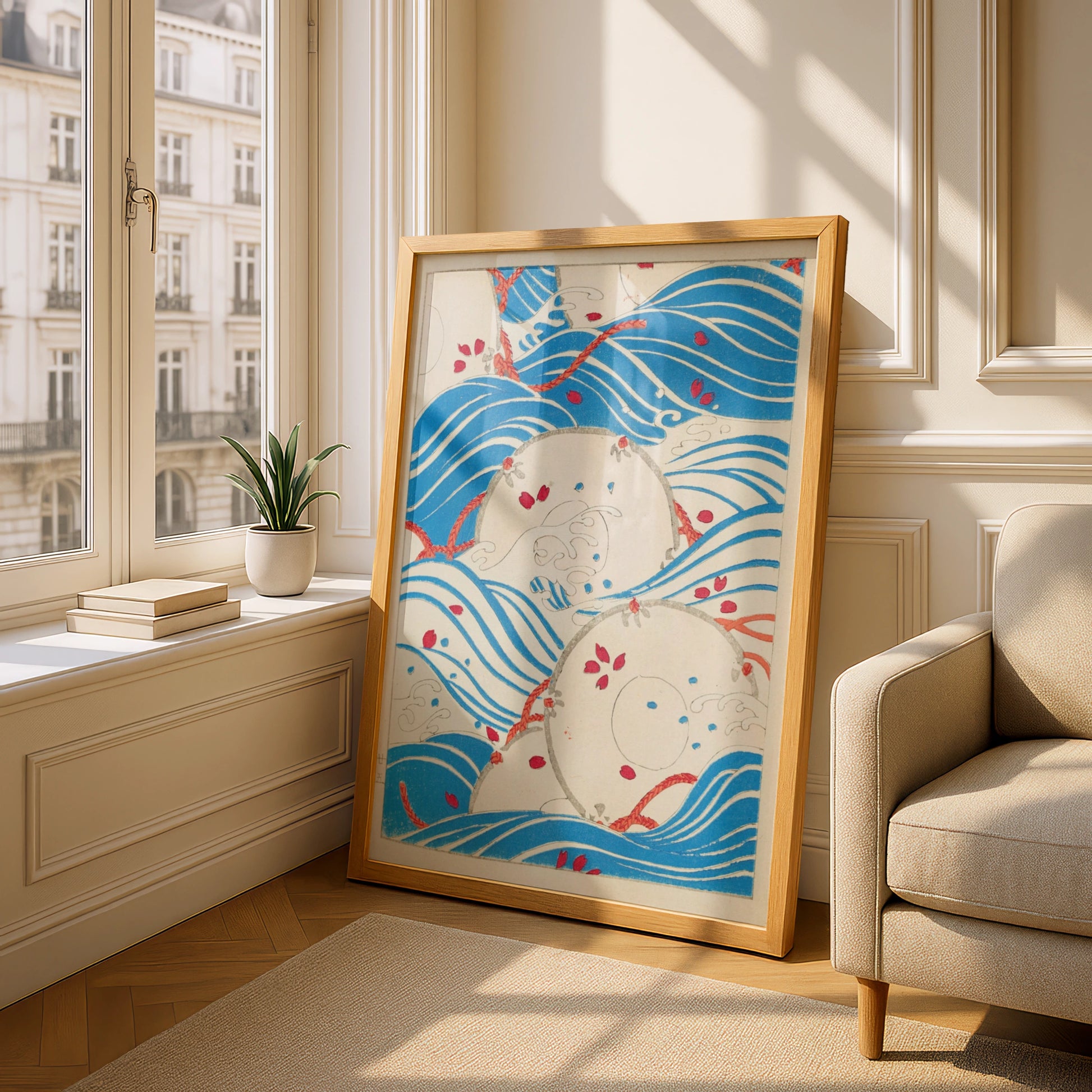Japanese Woodblock Wave Art, Vintage Bijutsukai Print, Floral Japandi Wall Poster – A5 Oak frame