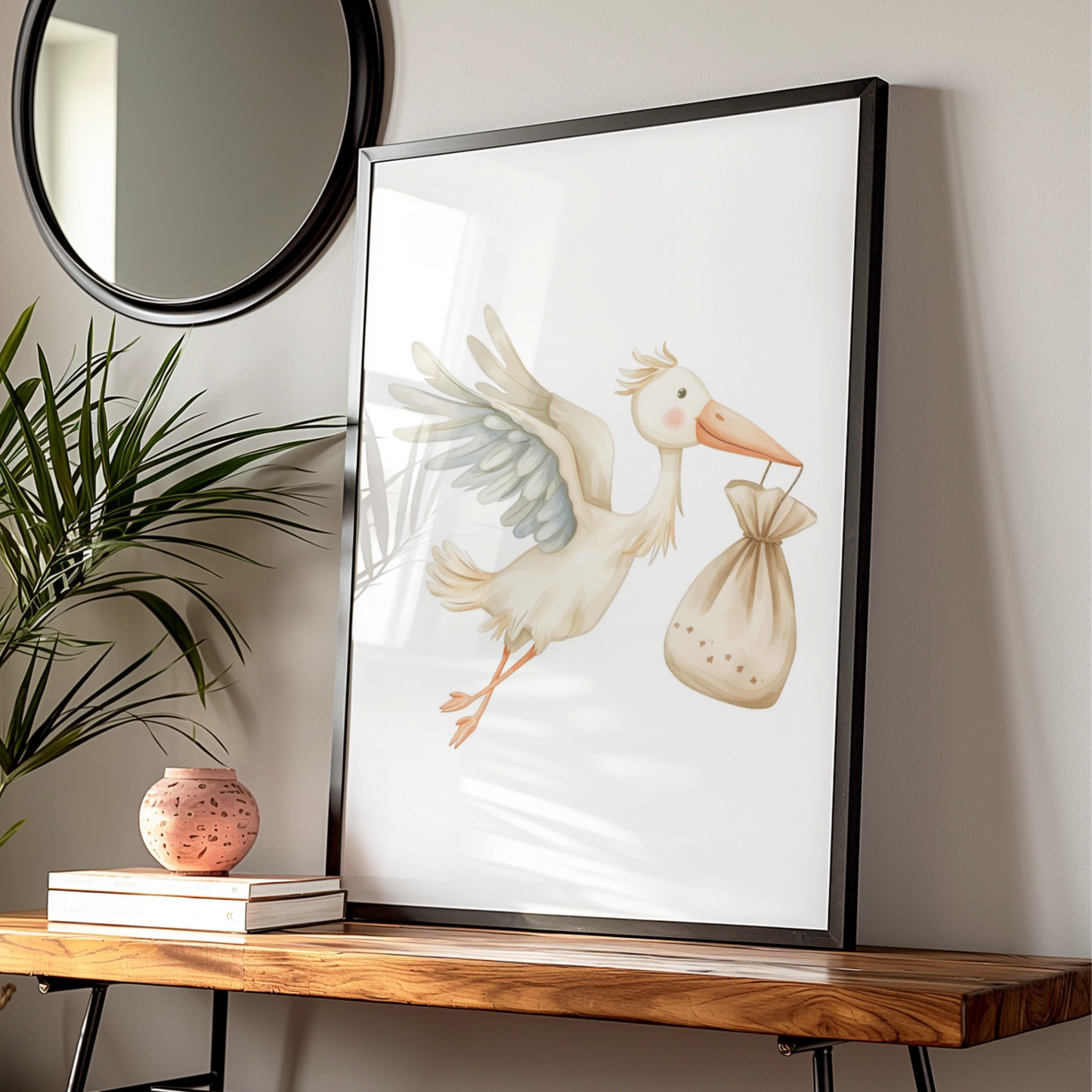 Stork Nursery Wall Art, Baby Shower Poster, Watercolour Bird Print, New Baby Gift