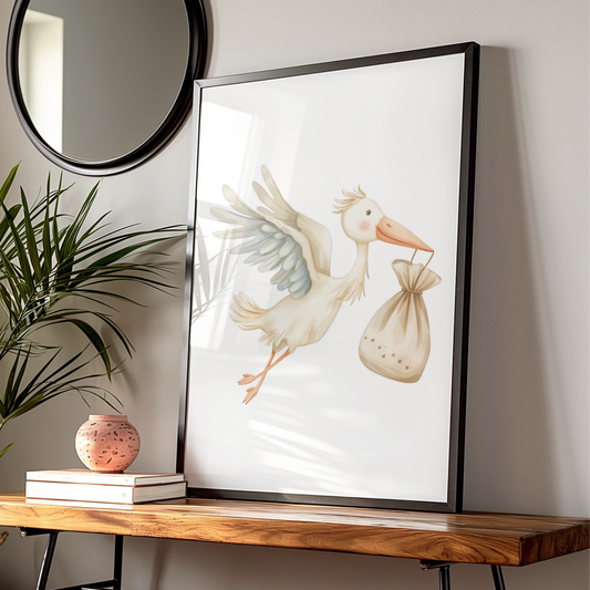 Stork Nursery Wall Art, Baby Shower Poster, Watercolour Bird Print, New Baby Gift
