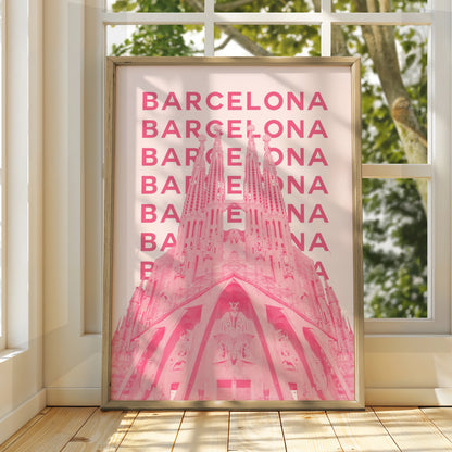 Barcelona Travel Poster Spain Wall Art, Retro Pink Architecture Print, Unique City Decor