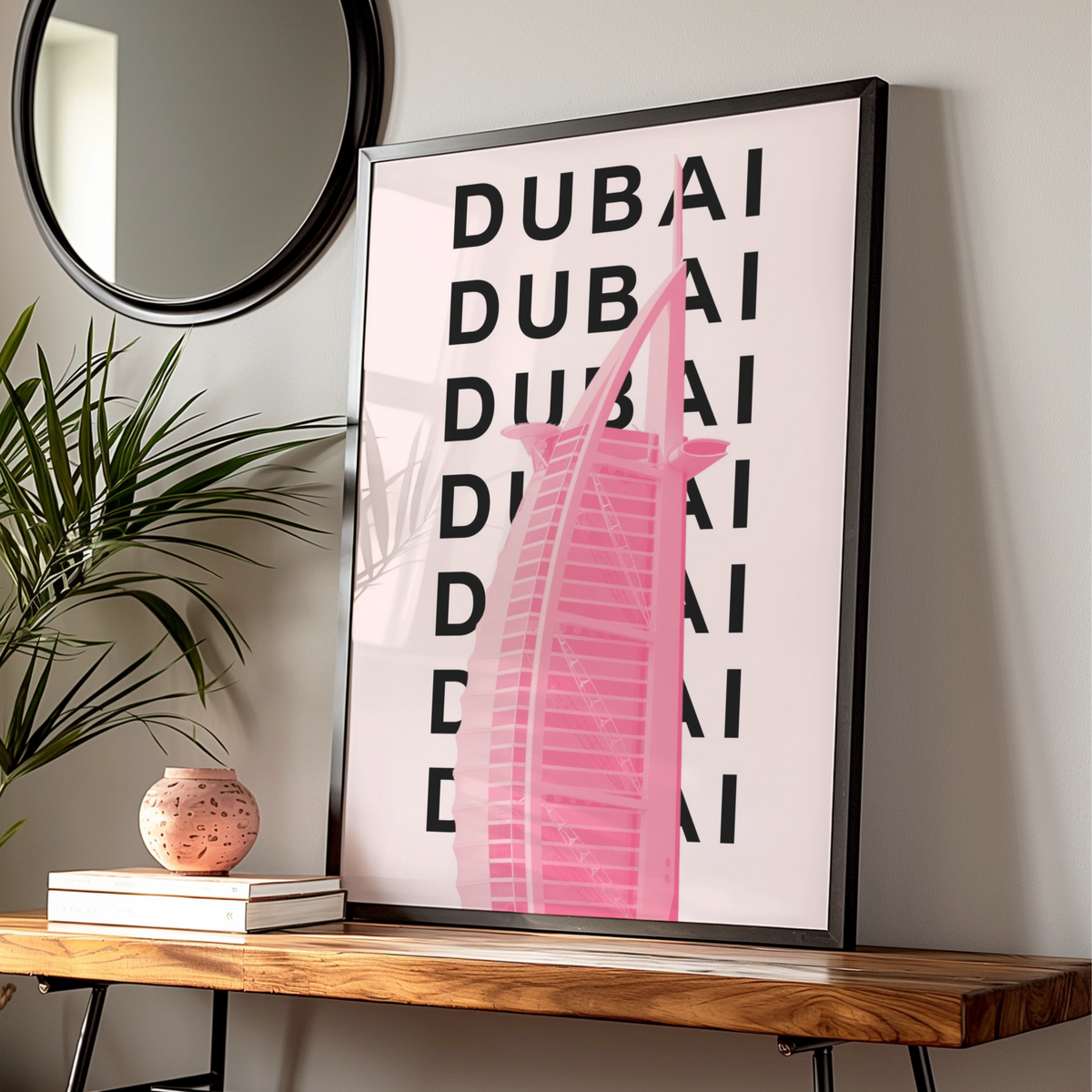 Dubai Travel Poster, UAE City Wall Art, Pink Retro Print, Modern Architecture Decor