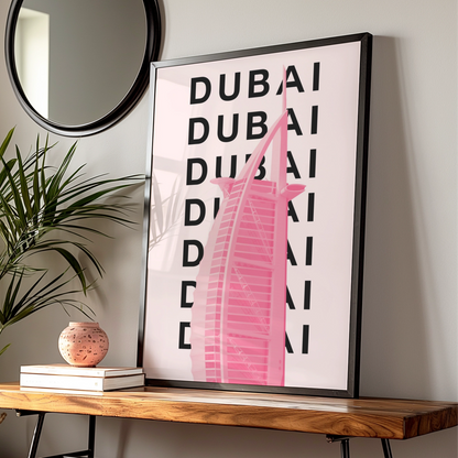 Dubai Travel Poster, UAE City Wall Art, Pink Retro Print, Modern Architecture Decor