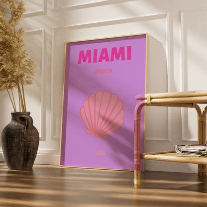 Miami Beach Travel Poster, Florida USA Wall Art, Retro Pink Coastal Print, Seashell