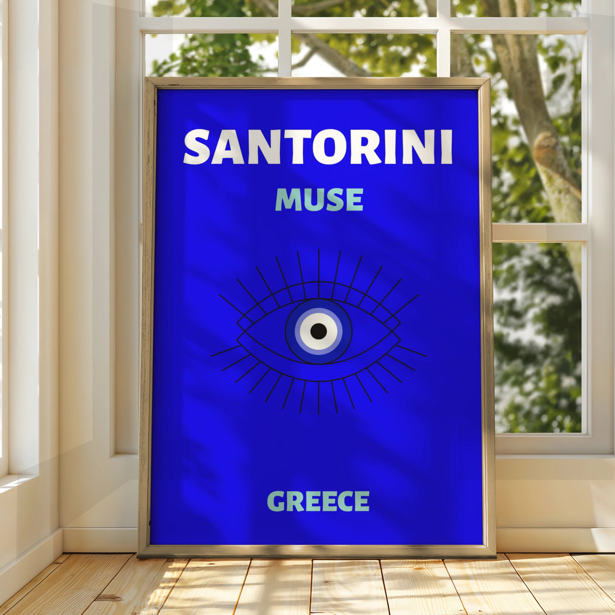 Santorini Greece Travel Poster, Evil Eye Wall Art, Greek Island Print, Blue Retro Decor