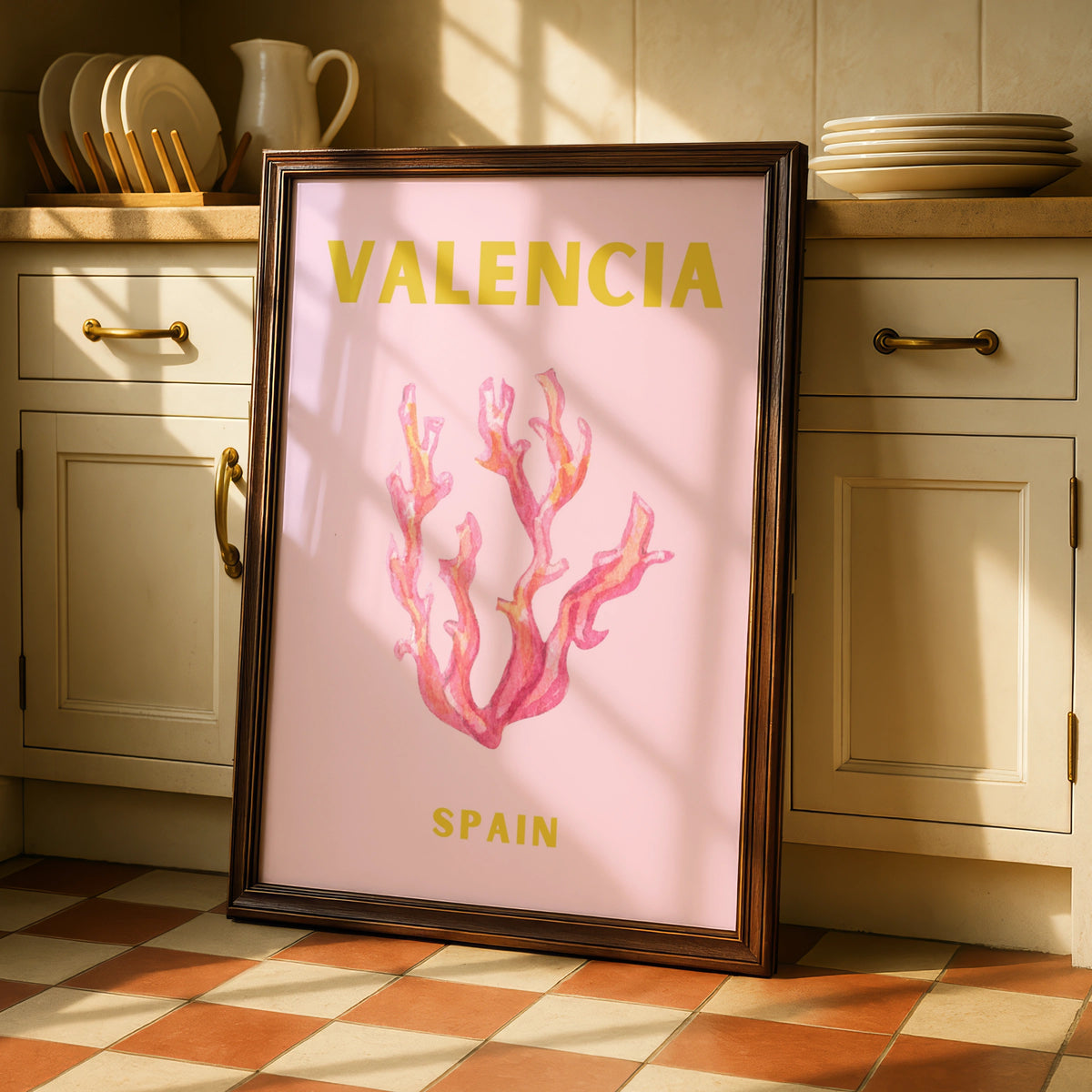 Valencia Spain Travel Poster, Coral Wall Art, Pink Retro Print, Spanish City Decor