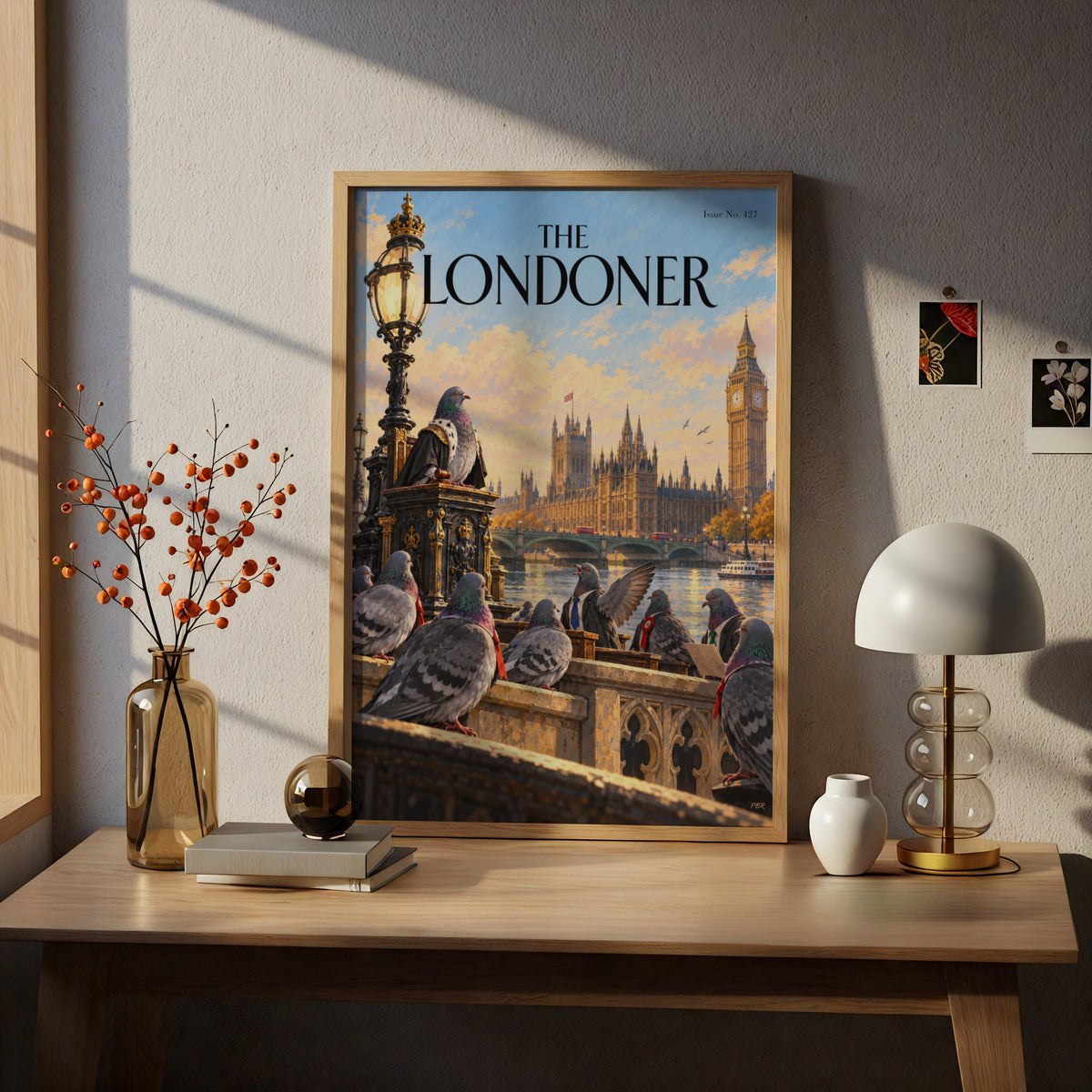 London Pigeon Parliament Poster, Big Ben Wall Art, Westminster Art Print, Funny Magazine Cover Style