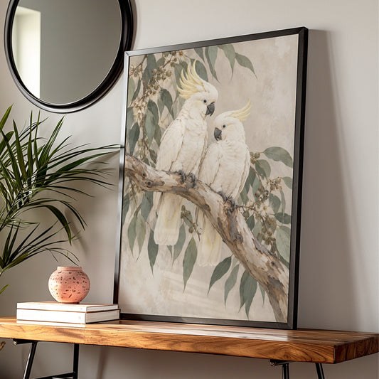 Sulphur-Crested Cockatoo Print, Australian Bird Wall Art, Eucalyptus Botanical Poster — Digital Download