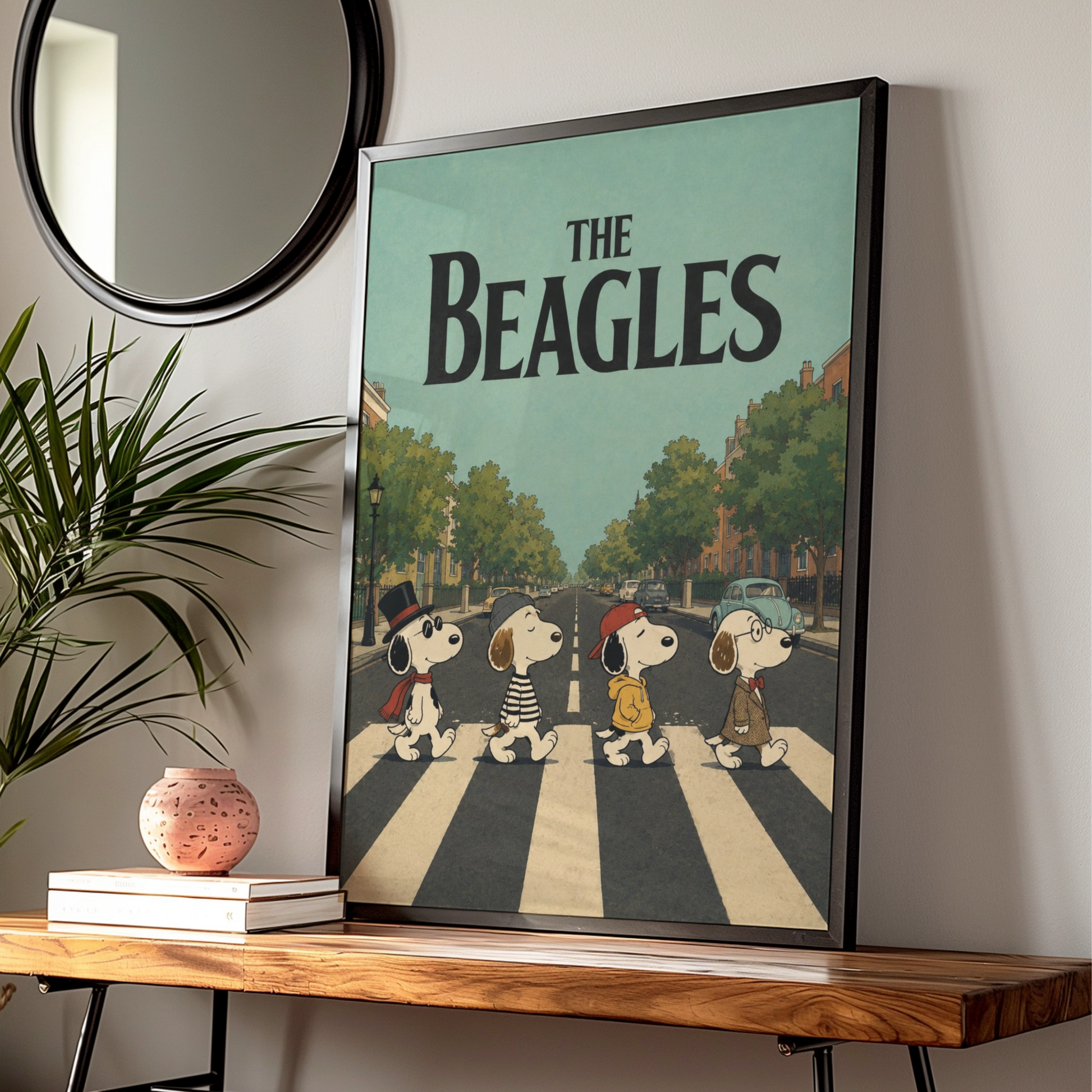 The Beagles Cartoon Dog Wall Art, Funny Music Poster, Abbey Road Print, Gift