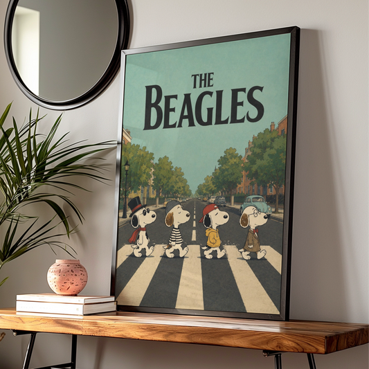 The Beagles Cartoon Dog Wall Art, Funny Music Poster, Abbey Road Print, Gift