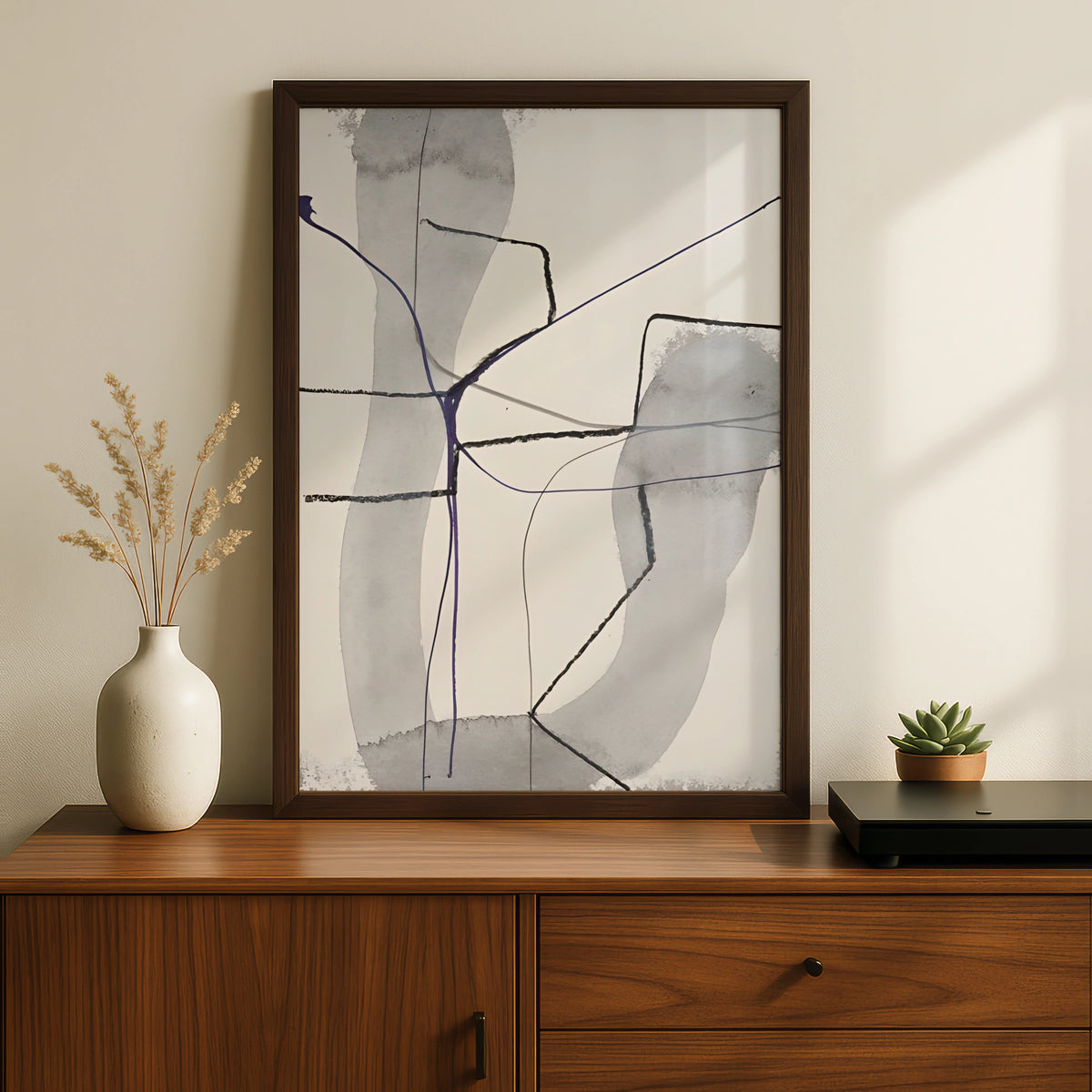 Modern Abstract Line Art Print, Grey Monochrome Wall Art, Neutral Contemporary Poster