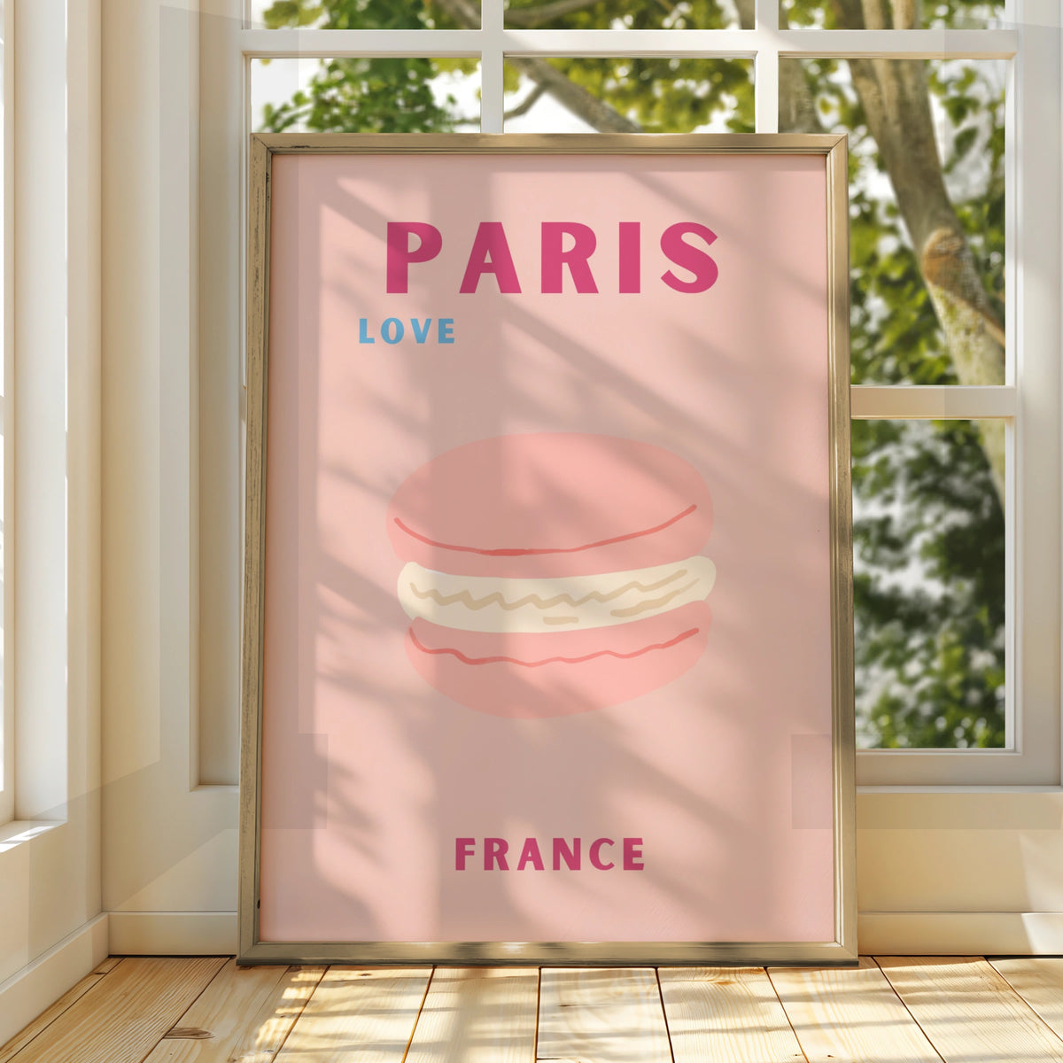 Paris France Travel Poster, French Macaron Wall Art, Retro Pink Paris Print, Kitchen Decor