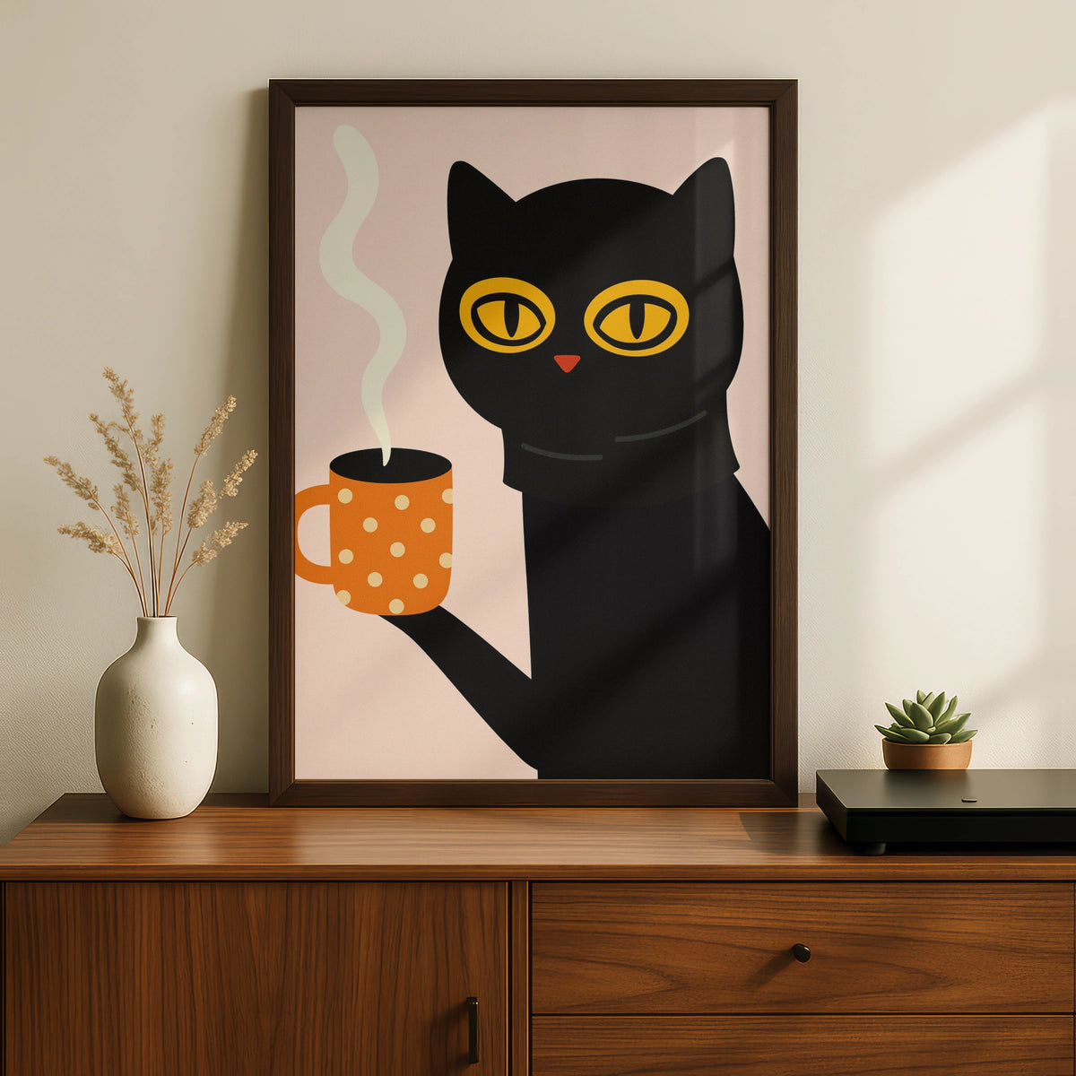 Black Cat Coffee Cartoon Poster, Funny Cat Wall Art, Quirky Kitchen Print