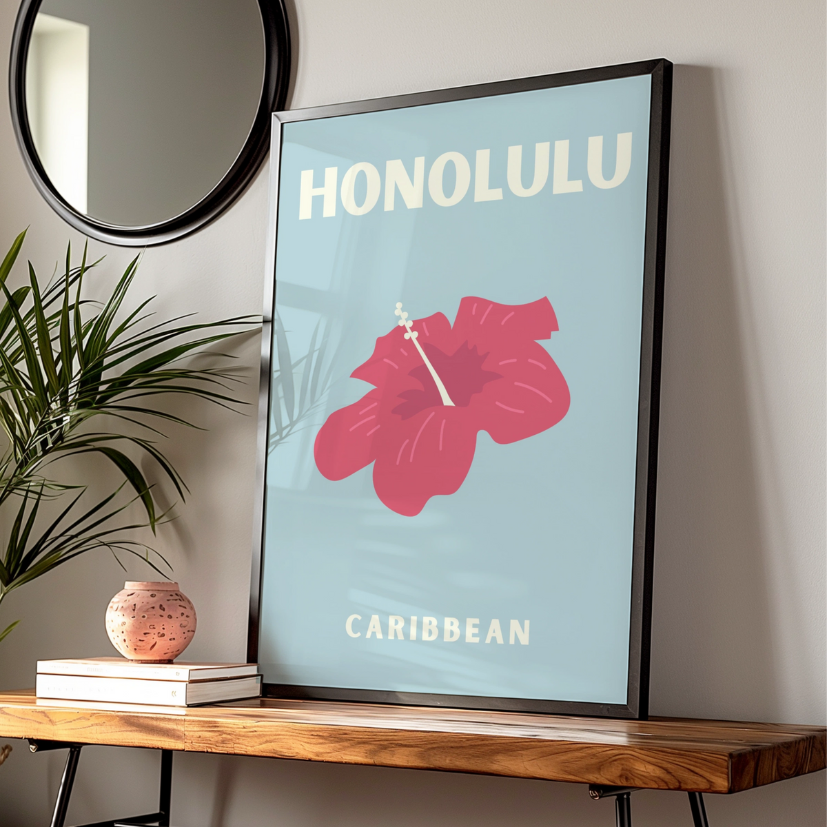 Honolulu Travel Poster, Hawaii Wall Art, Retro Hibiscus Print, Tropical Blue Decor