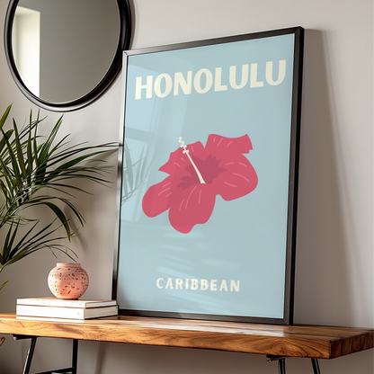 Honolulu Travel Poster, Hawaii Wall Art, Retro Hibiscus Print, Tropical Blue Decor