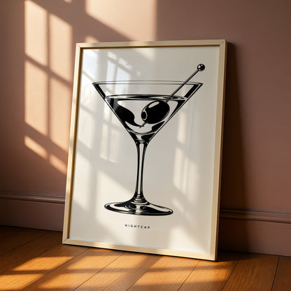Martini Glass Print, Nightcap Cocktail Poster, Monochrome Wall Art, Black and White Bar Decor