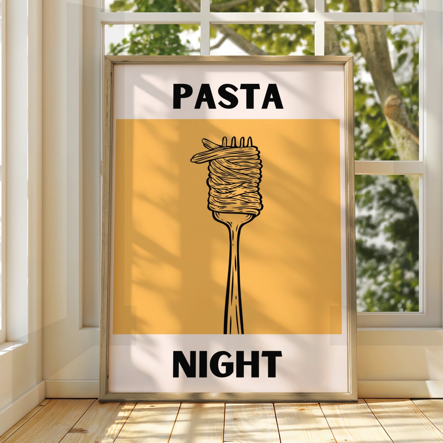 Pasta Night Kitchen Poster, Bold Spaghetti Fork Print, Modern Food Wall Art, Yellow Italian Decor