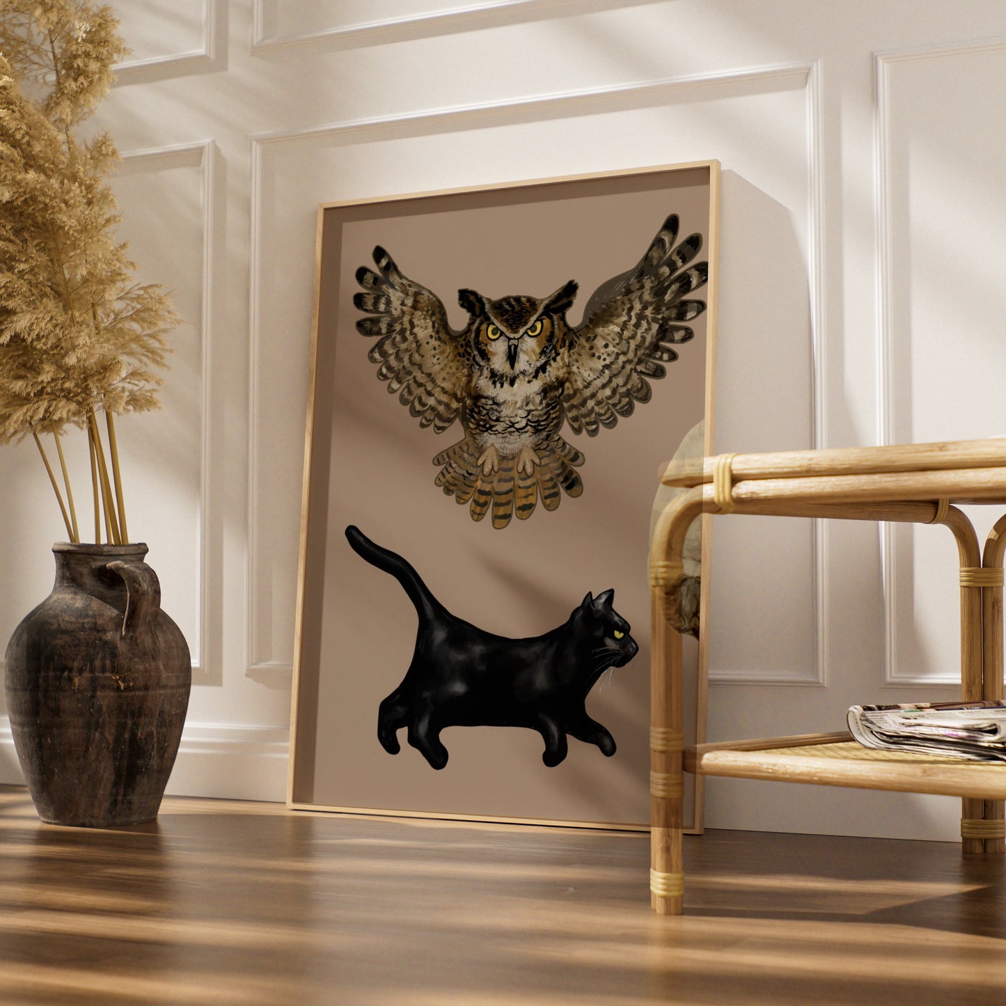 Halloween Owl Black Cat Poster, Spooky Moon Wall Art, Witch Familiar Print, Gothic Home Decor