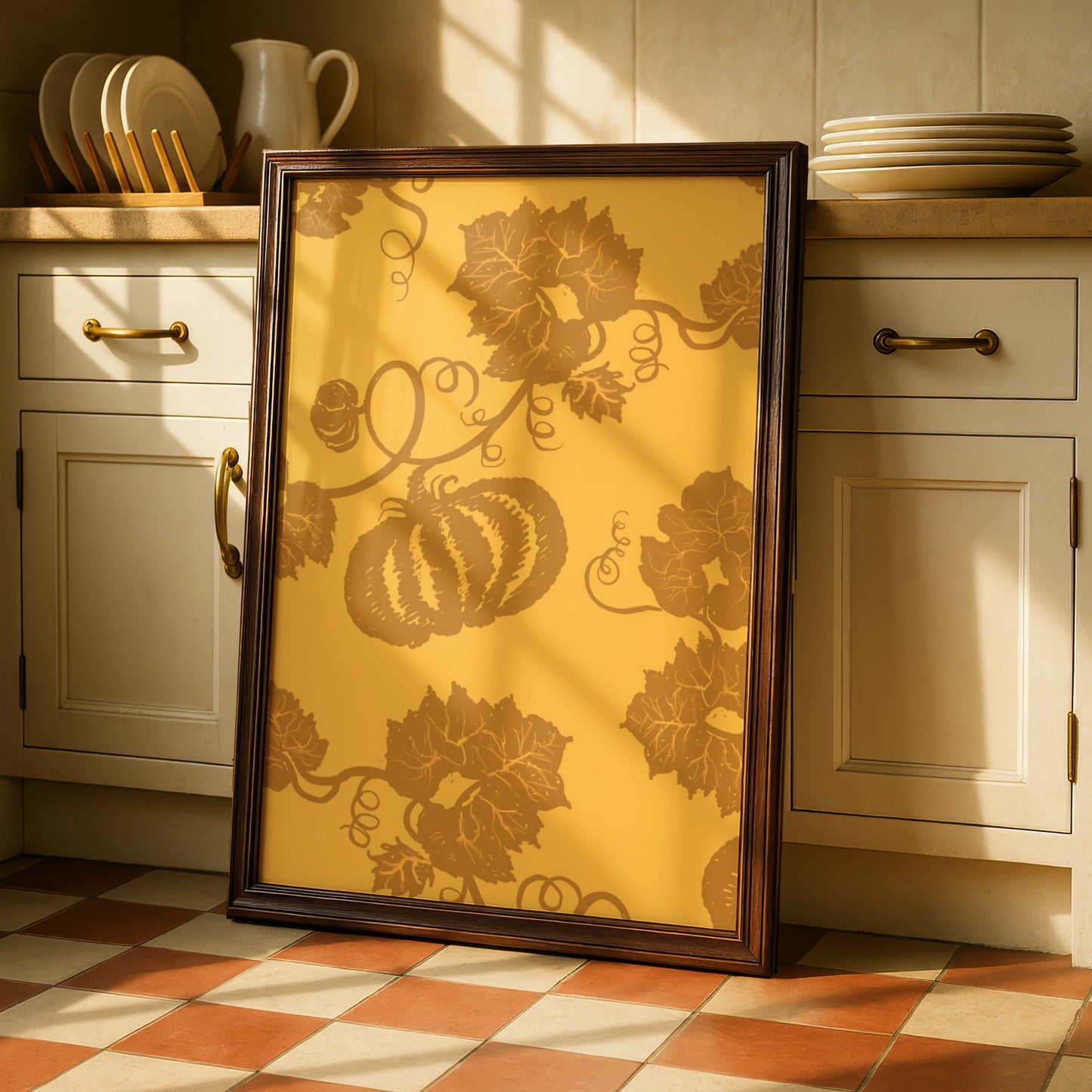 Halloween Pumpkin Vine Wall Art, Autumn Botanical Poster, Gold Orange Fall Decor Print