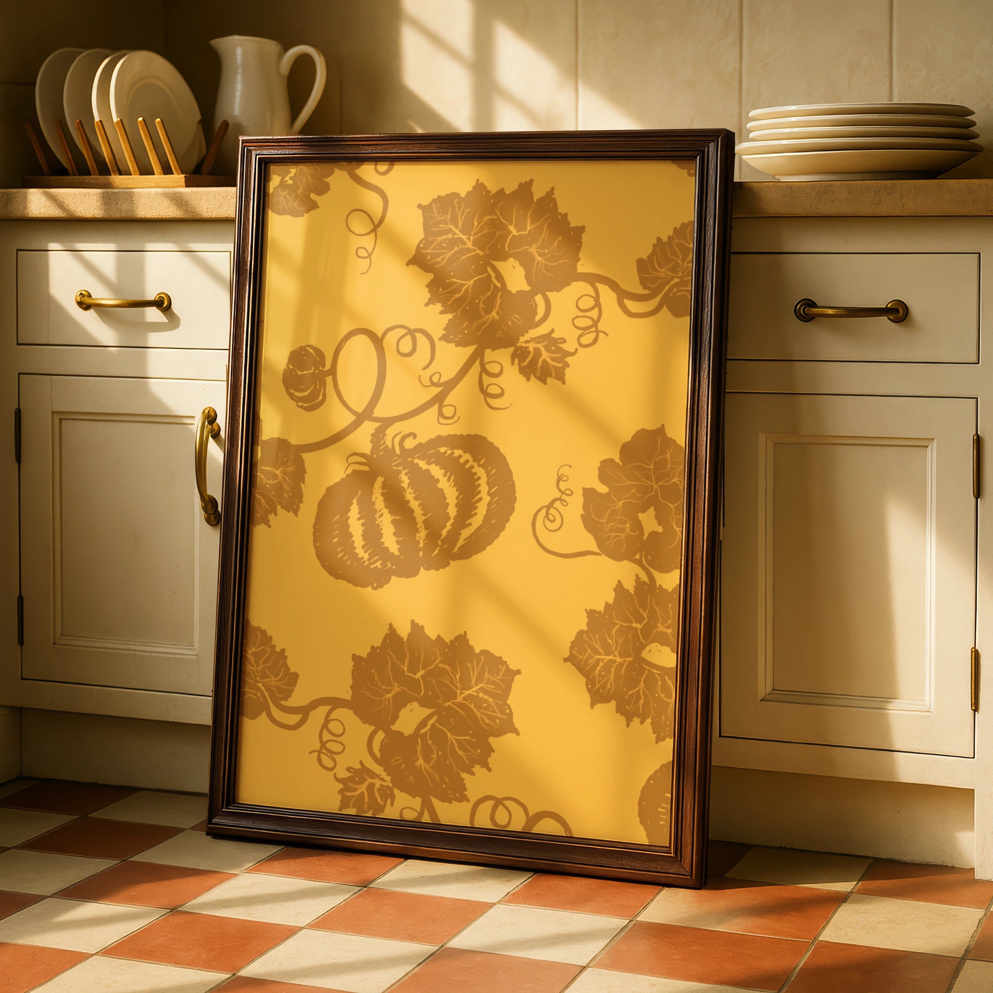 Halloween Pumpkin Vine Wall Art, Autumn Botanical Poster, Gold Orange Fall Decor Print