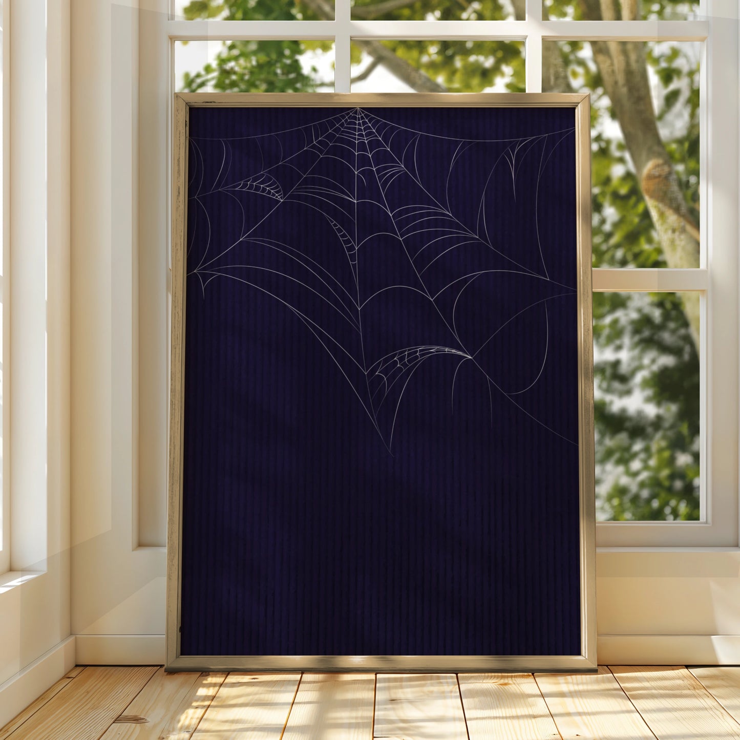 Halloween Spider Web Poster, Dark Navy Spooky Wall Art, Gothic Home Decor Print