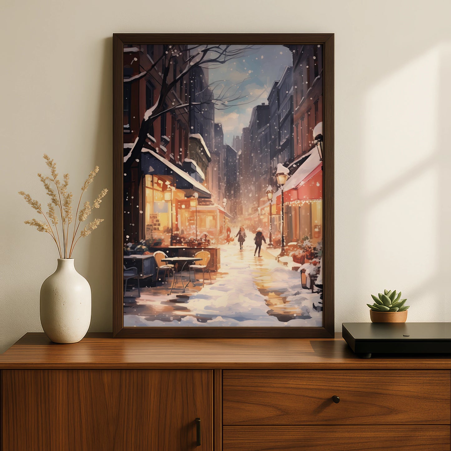Christmas City Street Poster, Snowy Winter Scene Wall Art, Festive Holiday Print, Cosy Xmas Decor