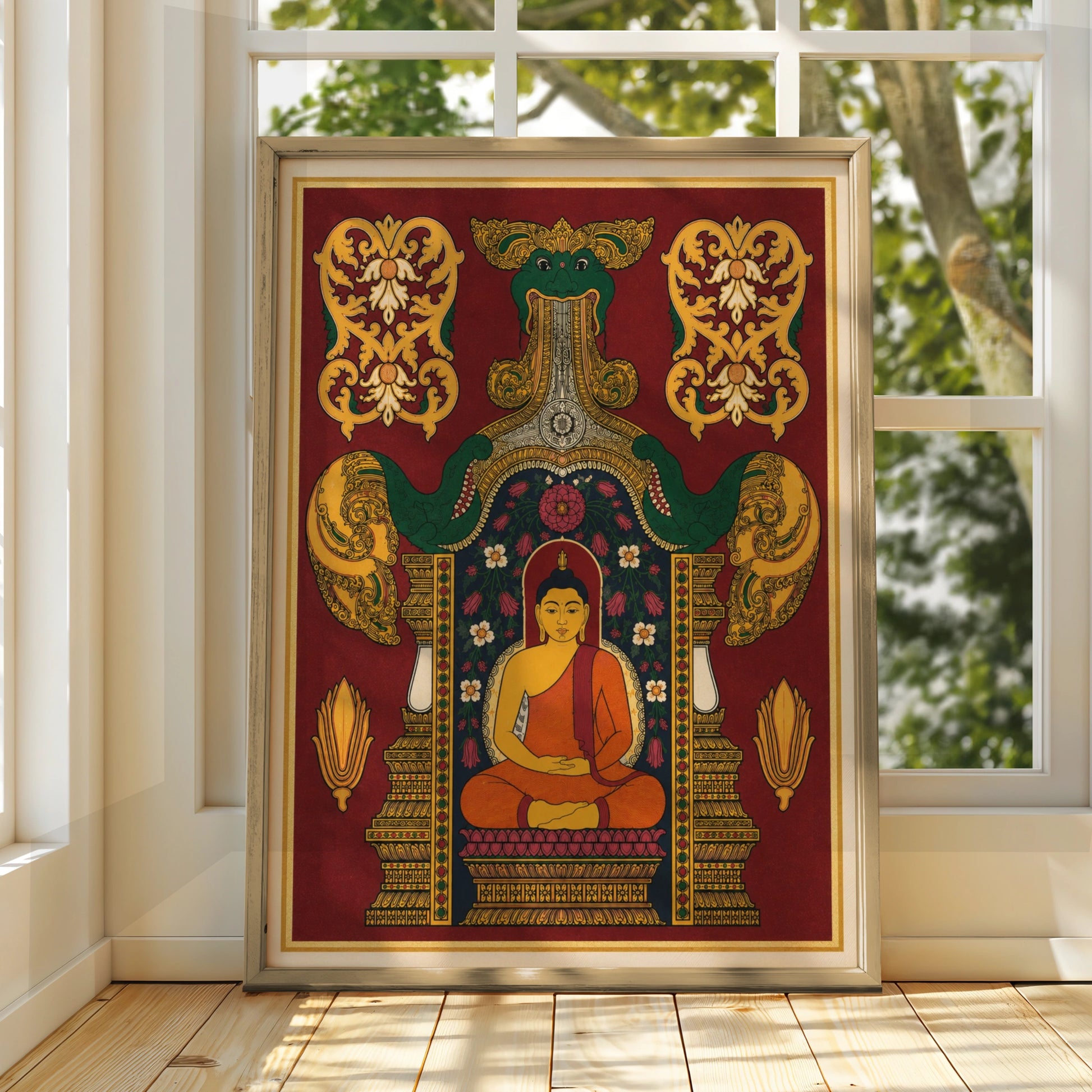 Buddha Poster, Indian Art Print, Meditation Wall Art, Naga Serpent, Floral Temple Decor