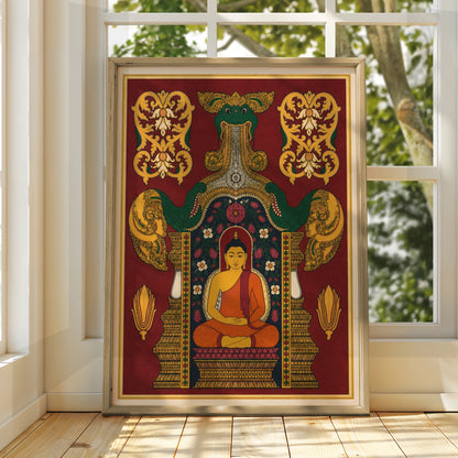 Buddha Poster, Indian Art Print, Meditation Wall Art, Naga Serpent, Floral Temple Decor