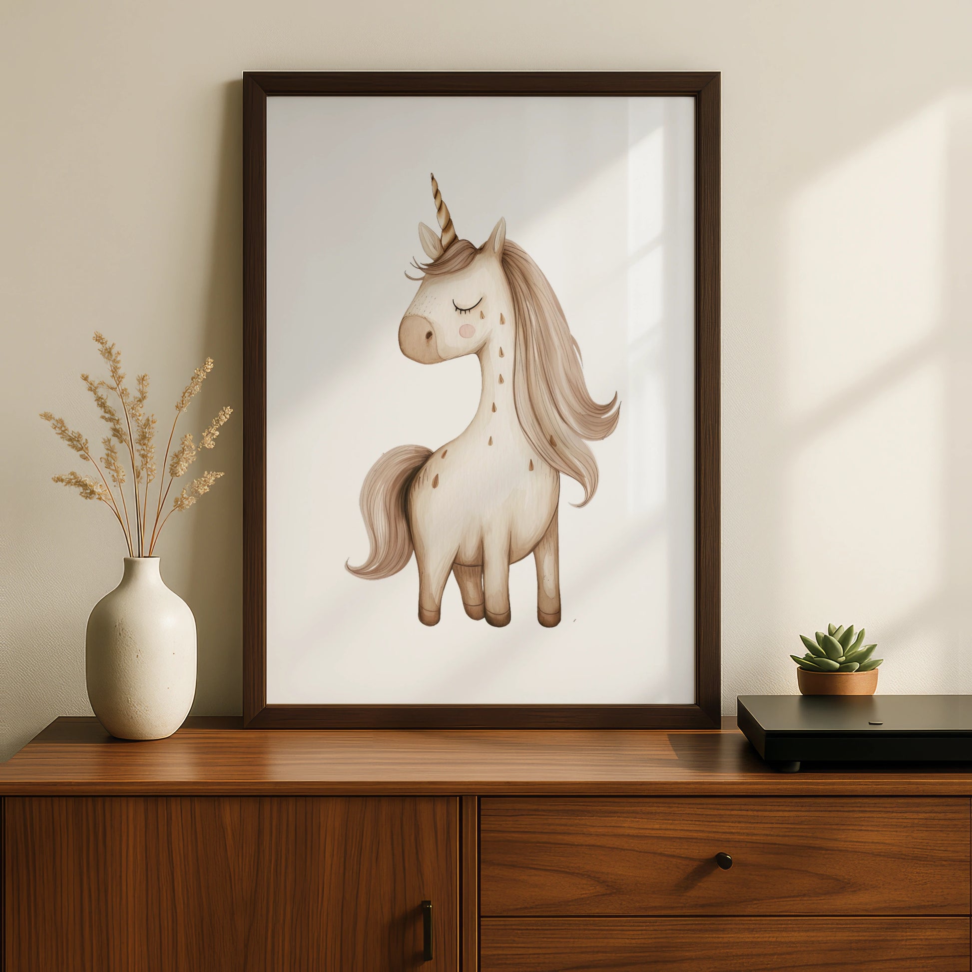 Unicorn Nursery Wall Art, Boho Beige Unicorn Poster, Girls Room Decor Print