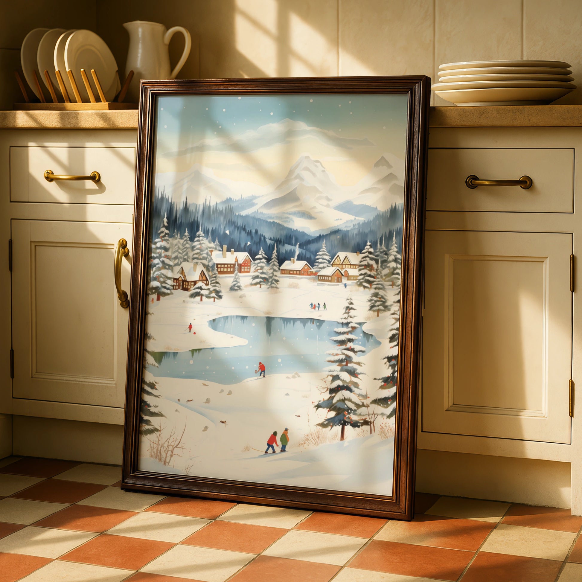 Christmas Winter Village Poster, Snowy Mountain Scene, Festive Wall Art, Holiday Home Decor Print