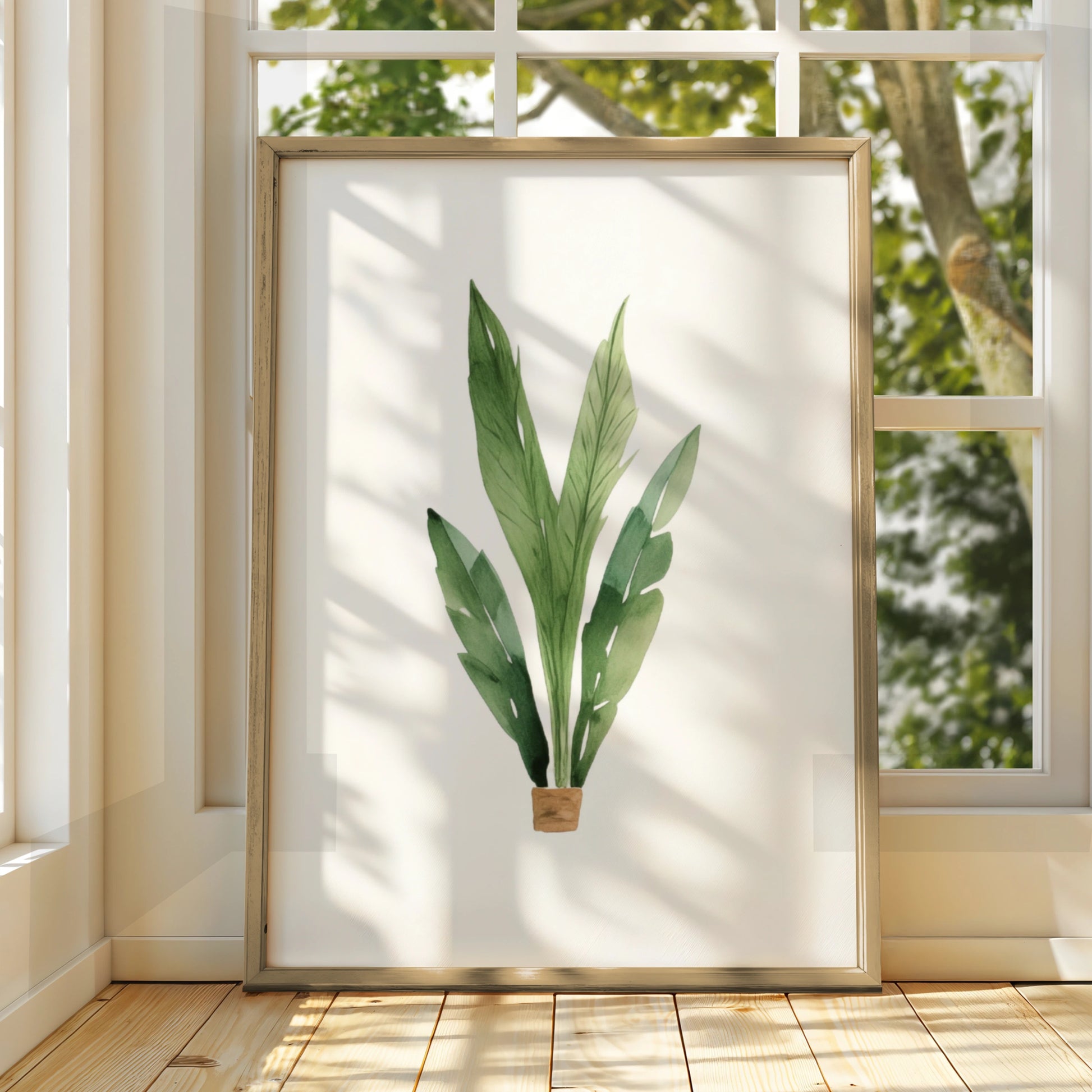 Nursery Wall Art Green Plant Poster, Watercolour Tropical Leaves, Baby Room Decor Print