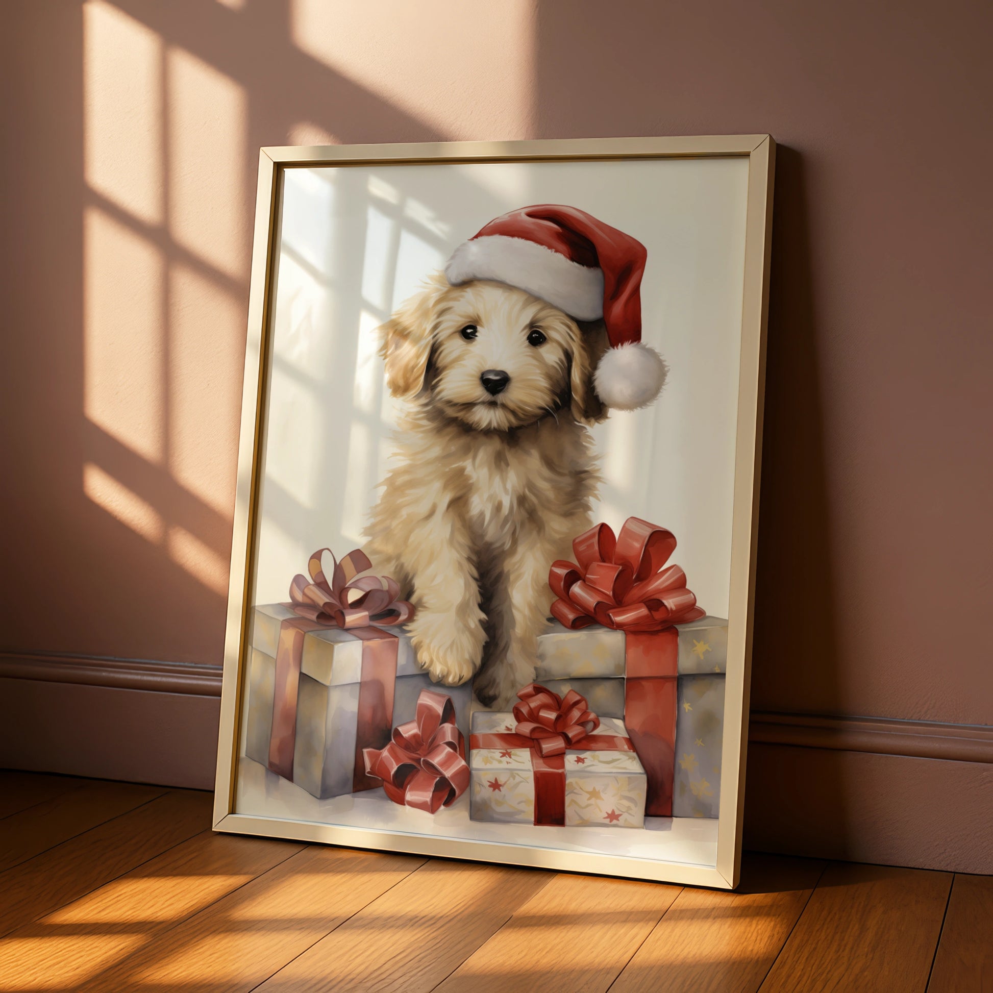 Christmas Puppy Poster, Goldendoodle Santa Hat Print, Festive Dog Wall Art Gift
