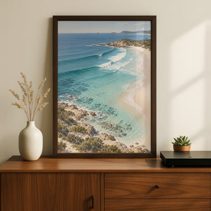 Australian Coastal Beach Print, Turquoise Ocean Waves Wall Art, Landscape Poster