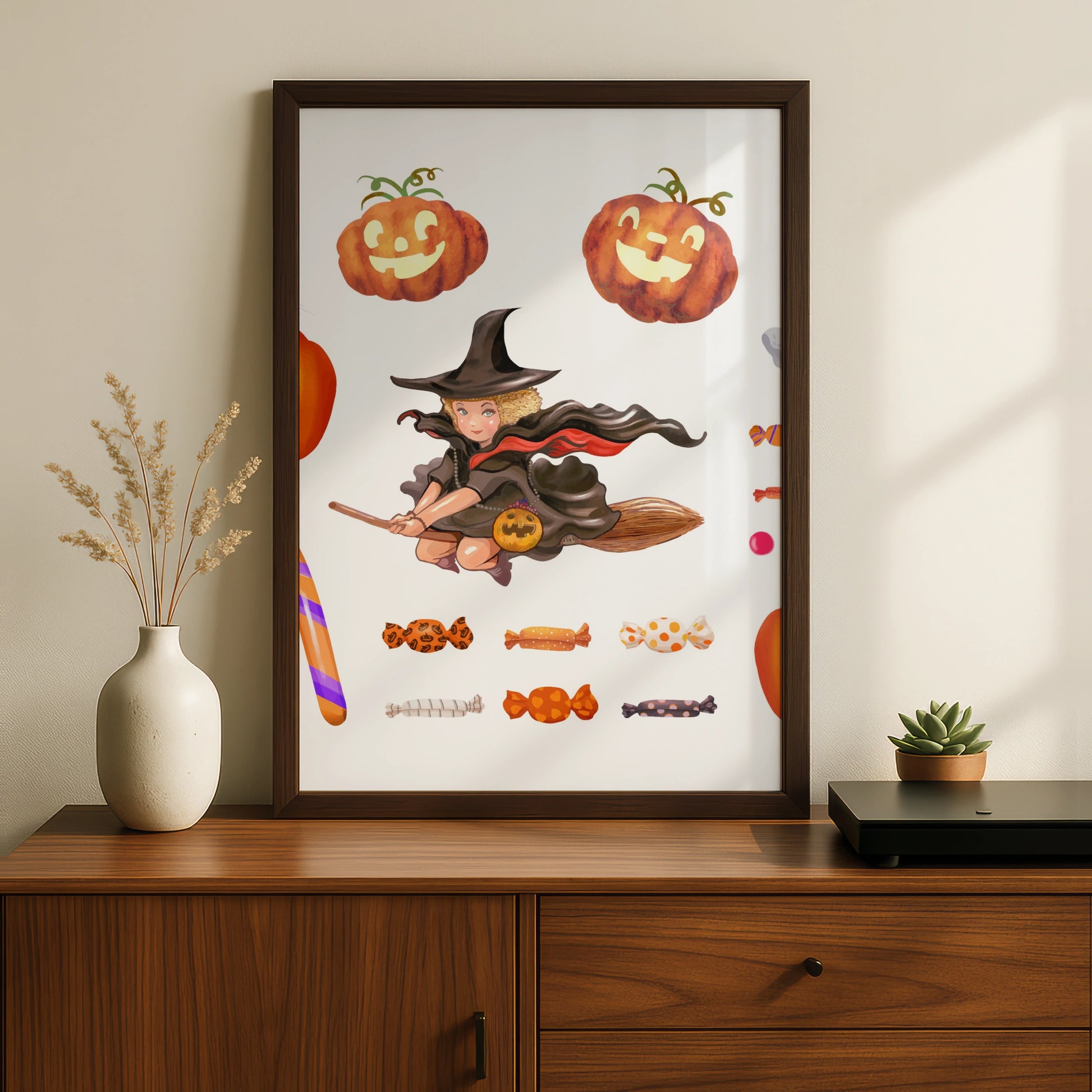 Halloween Wall Art Poster, Witch Pumpkin Ghost Black Cat, Trick or Treat Print