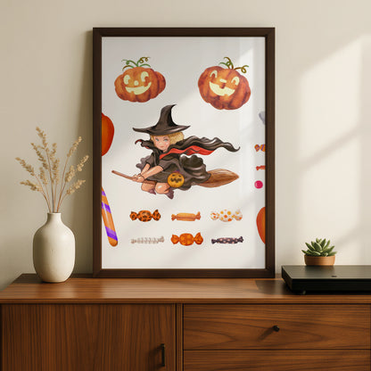 Halloween Wall Art Poster, Witch Pumpkin Ghost Black Cat, Trick or Treat Print