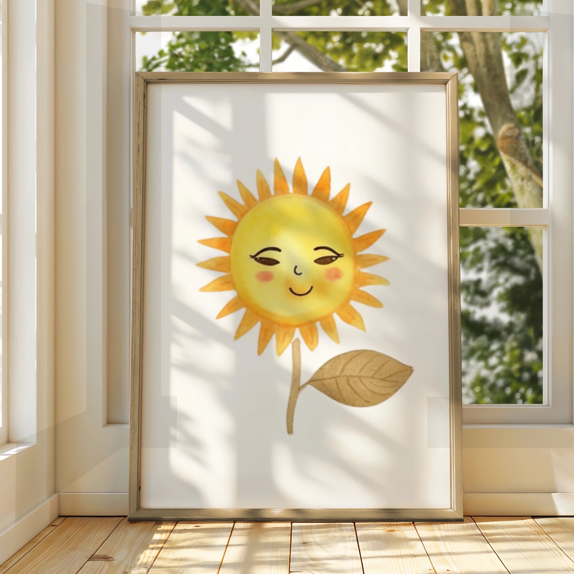 Cute Sun Nursery Wall Art, Watercolour Sunflower Poster, Baby Room Decor, Yellow Kids Print