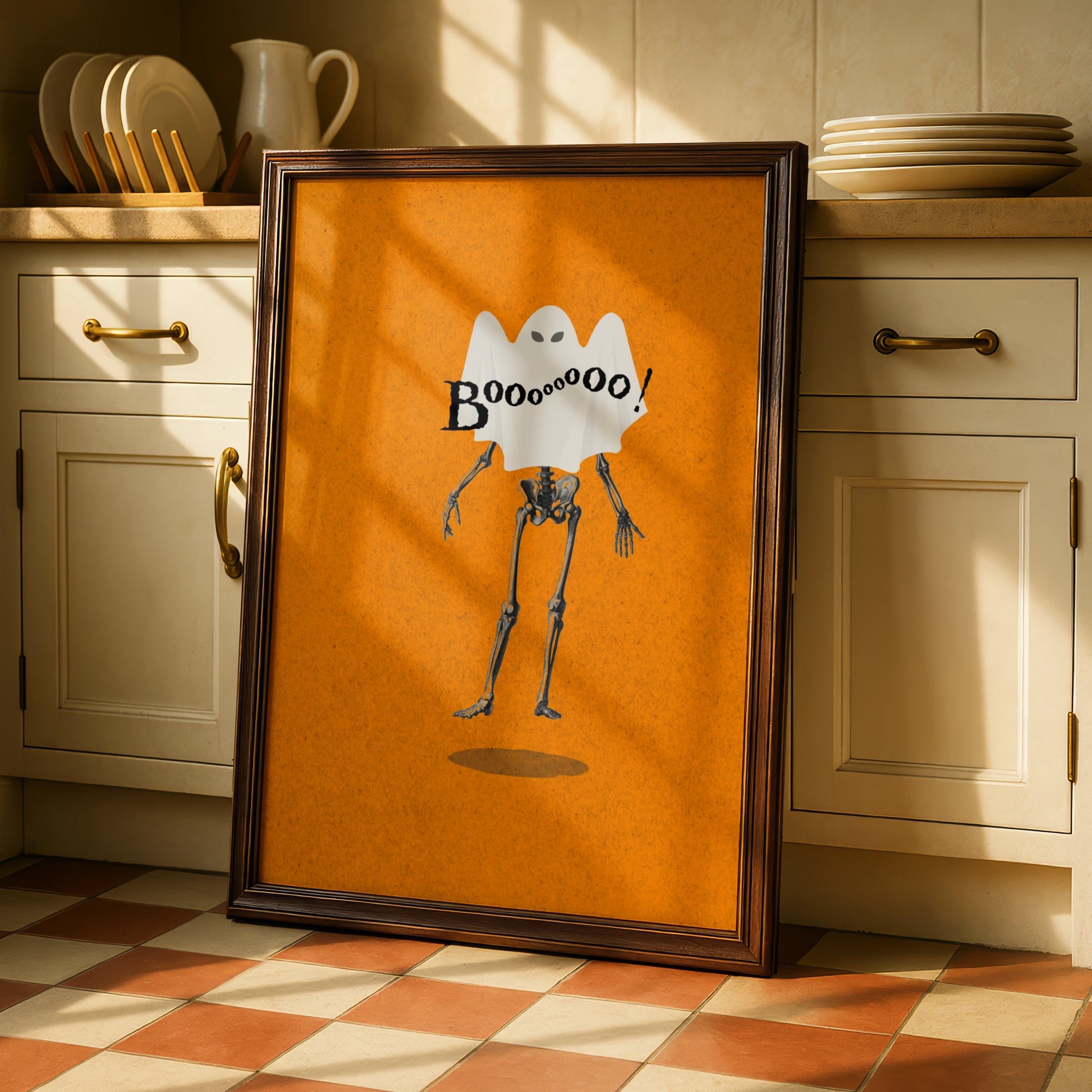 Halloween Ghost Skeleton Poster, Funny Boo Wall Art, Spooky Orange Halloween Print