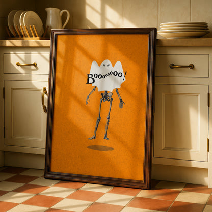 Halloween Ghost Skeleton Poster, Funny Boo Wall Art, Spooky Orange Halloween Print