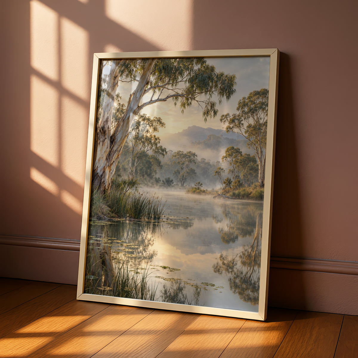 Australian Landscape Print, Misty River Gum Trees, Nature Wall Art, Eucalyptus Waterscape Poster