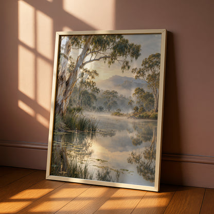 Australian Landscape Print, Misty River Gum Trees, Nature Wall Art, Eucalyptus Waterscape Poster