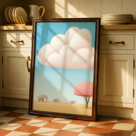 Elephant Nursery Wall Art, Baby Safari Print, Cute Kids Poster, Blue Pink Pastel