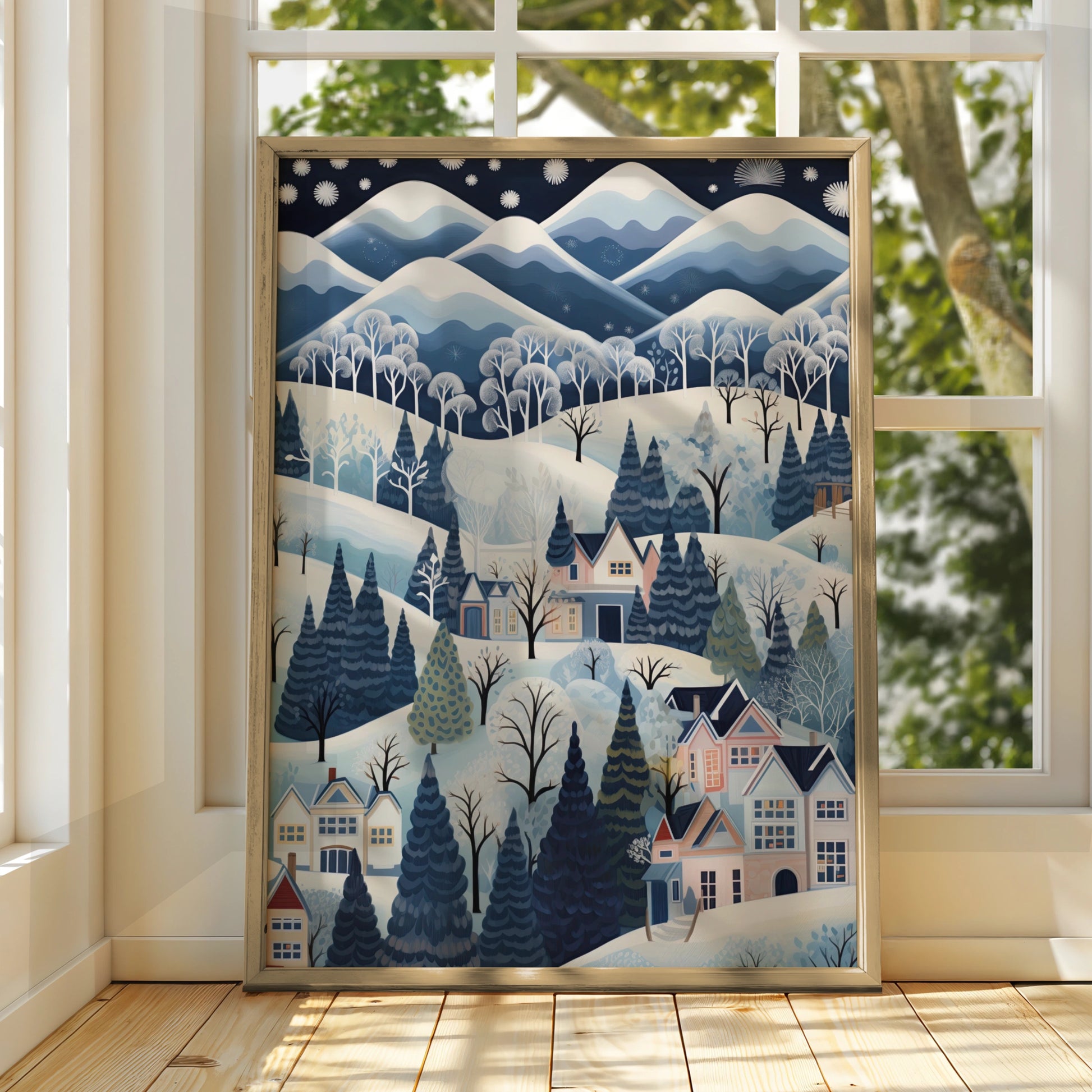 Christmas Winter Village Poster, Snowy Scene Wall Art, Blue festive Print, Holiday Home Decor