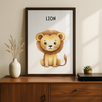 Lion Nursery Wall Art, Cute Animal Poster for Baby Room, Kids Safari Print